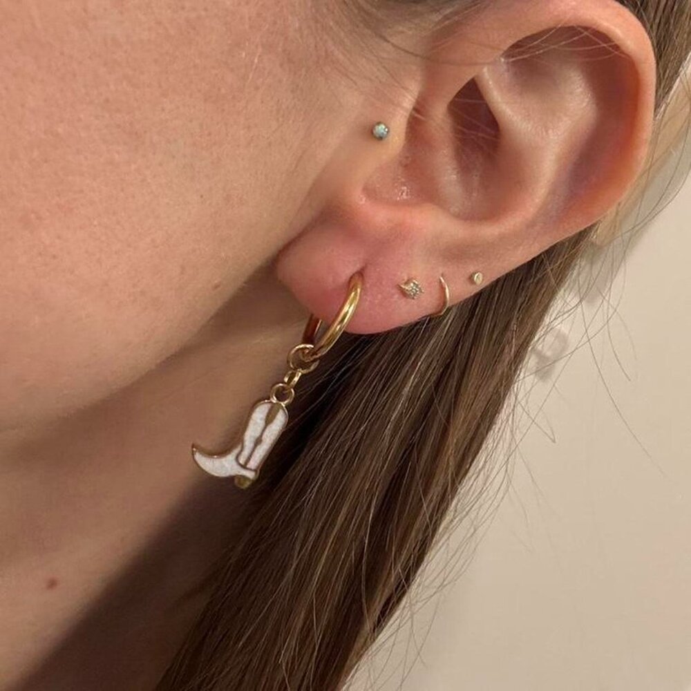 The Maggie gold cowgirl boot hoops boots dainty cowboy huggie hoop earrings